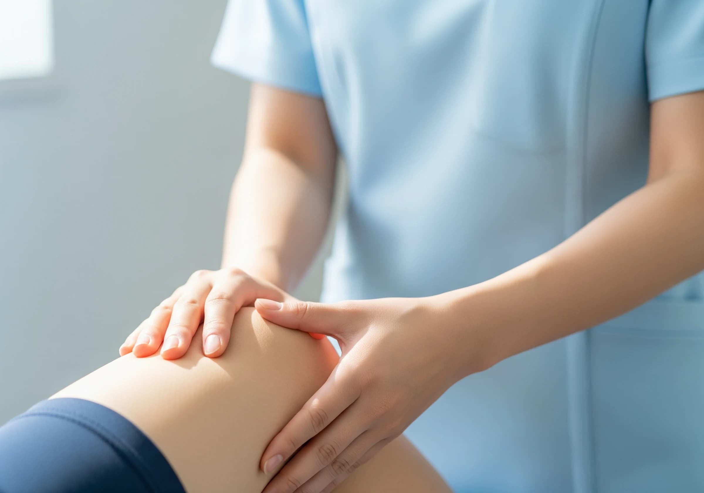 膝のリハビリを支える理学療法士の手